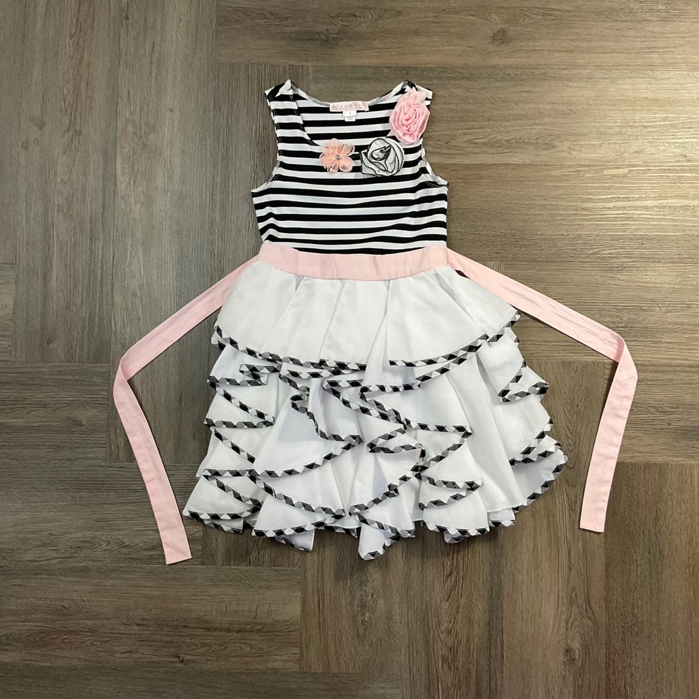 Biscotti Striped Tiered Ruffle Rose Dress Girls Size 7 Black White Pink Coquette